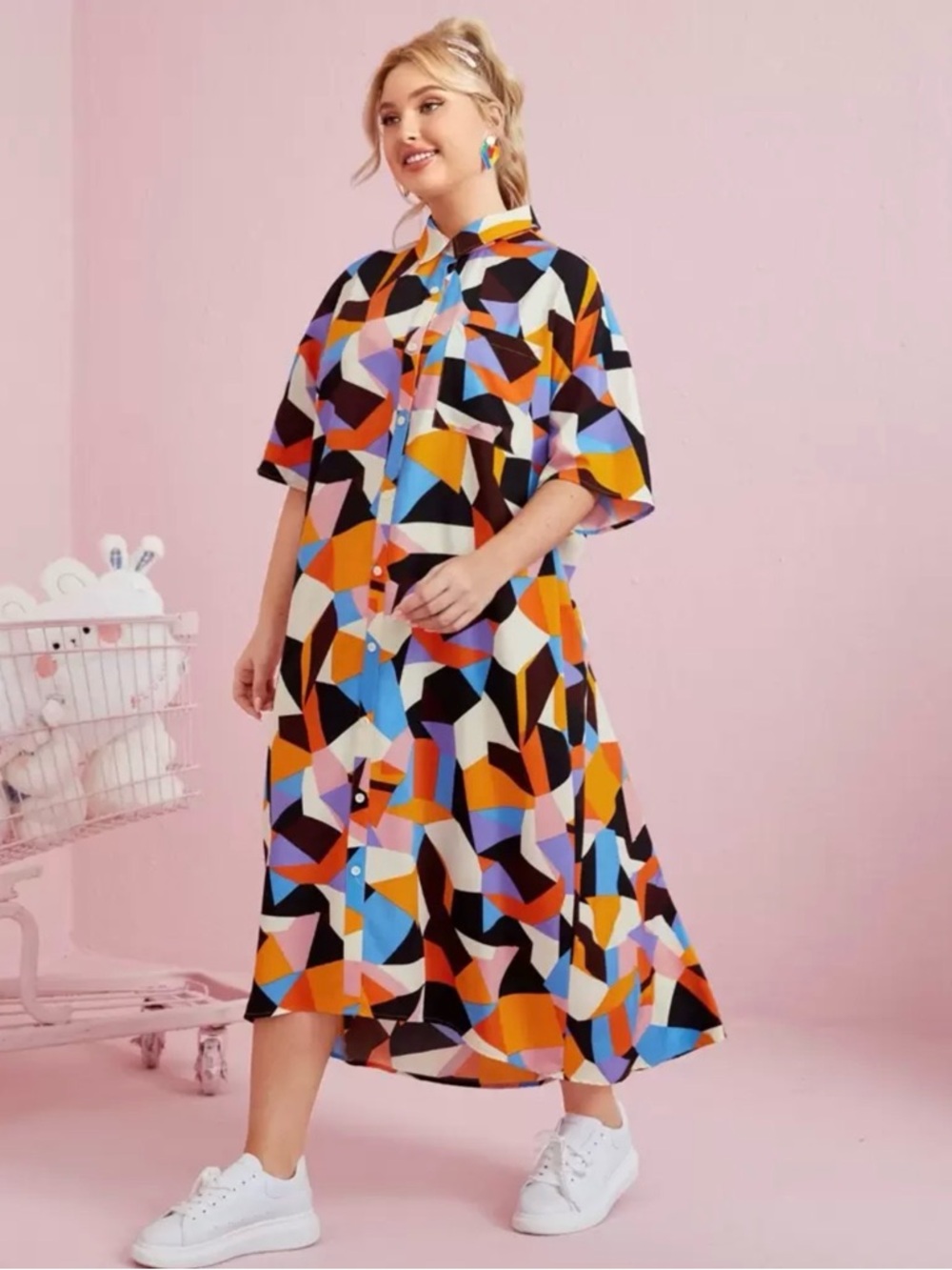 SHEIN Multicolor Geometric Button-Front Midi Dress